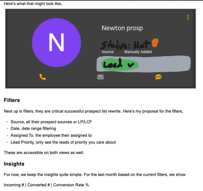 Sketch of the Priority dropdown on the Prospect profile, plus information on Filters.